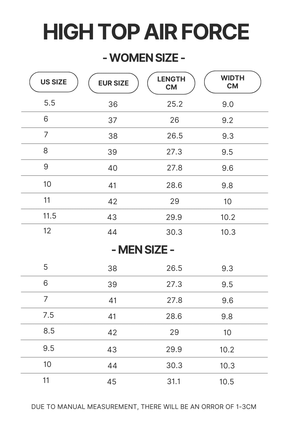 High Top Air Force Shoes Size Chart - One Piece DE Store