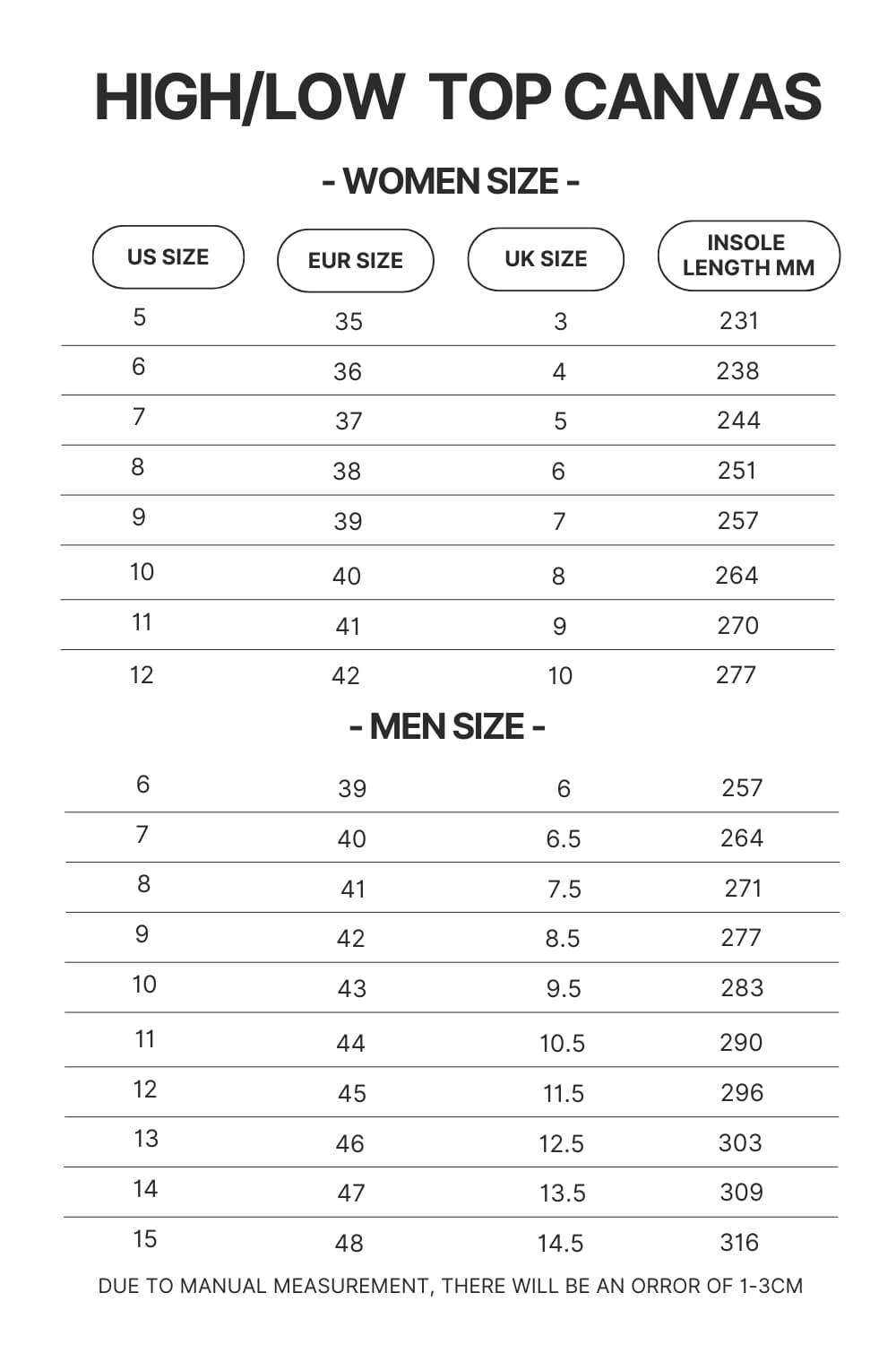 High Top Low Top Canvas Shoes Size Chart - One Piece DE Store