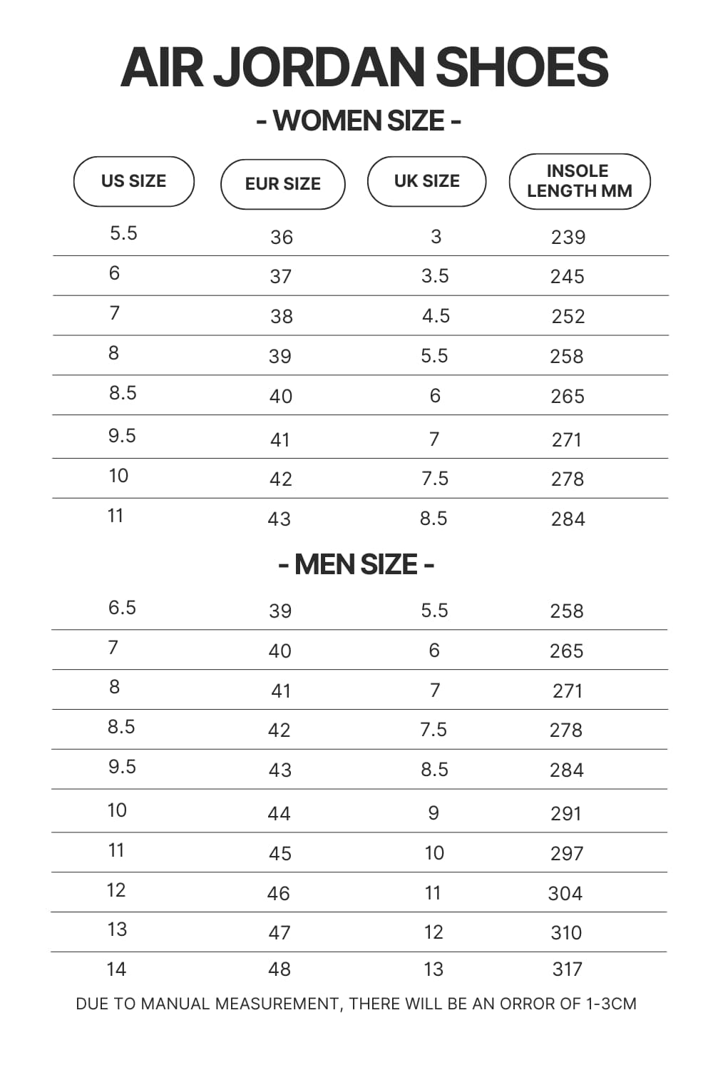 Air Jordan Shoes Size Chart - One Piece DE Store