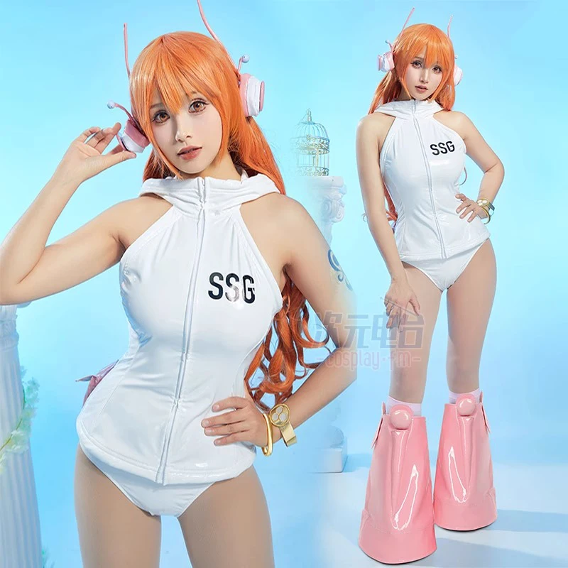 Nami Cosplay Costume Women Sexy White Leather Sleeveless Bodysuit