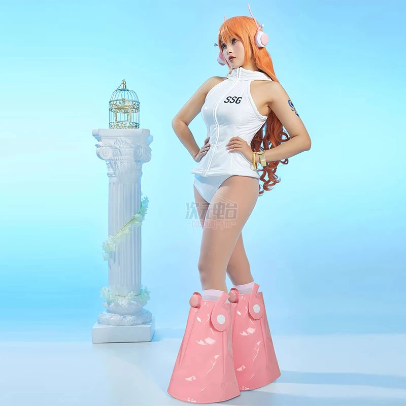 Nami Cosplay Costume Women Sexy White Leather Sleeveless Bodysuit - Image 3