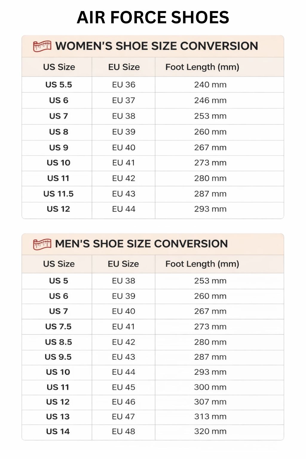 Air Force Shoes Size Chart 1 - One Piece DE Store