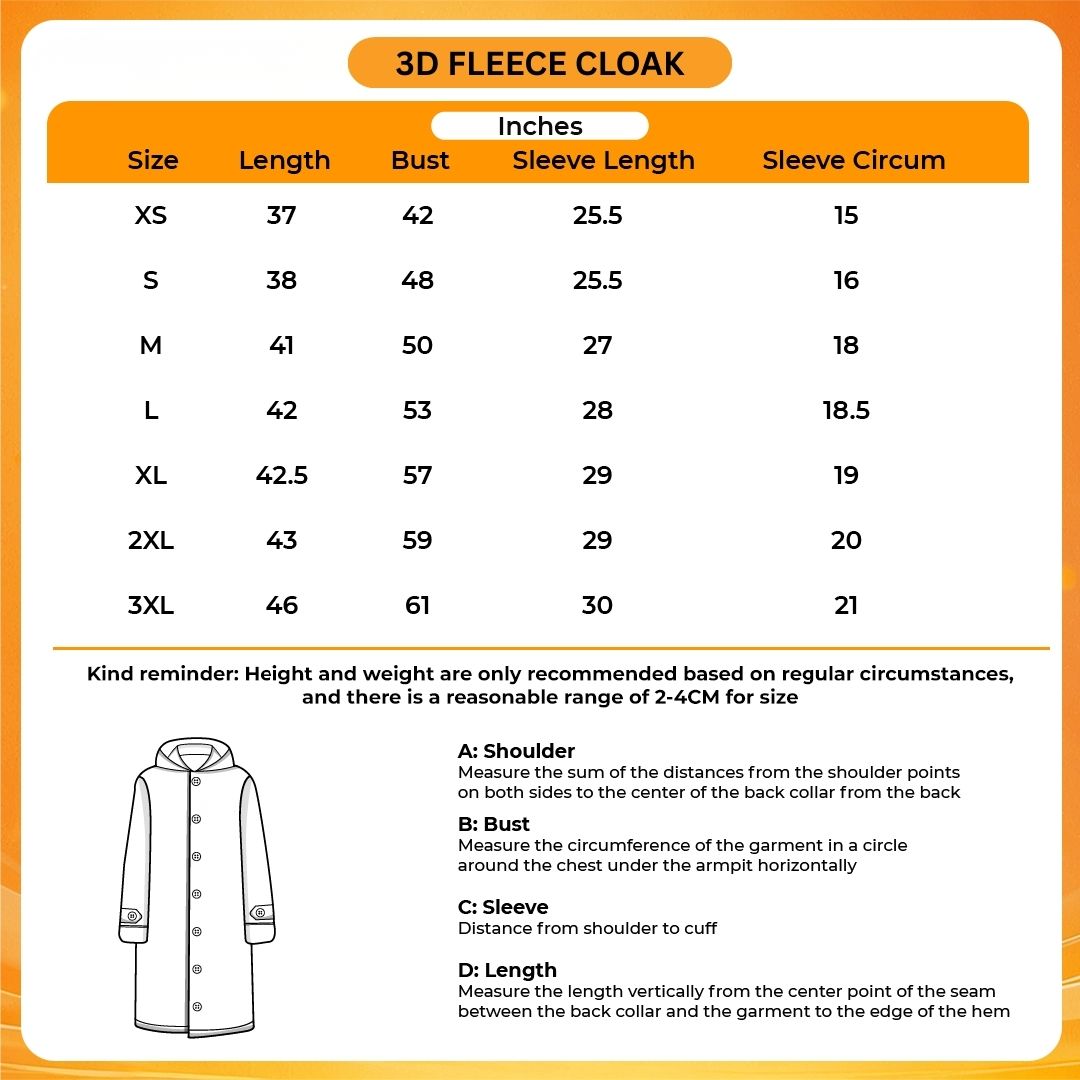 3D Fleece Cloak Size Chart - One Piece DE Store