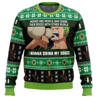 I wanna drink my booze Zoro OP Ugly Christmas Sweater FRONT mockup - One Piece DE Store